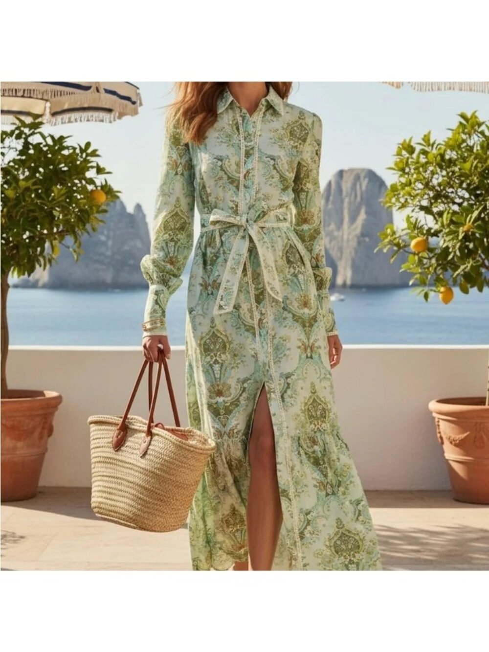 NEW Trish Scully Green Paisley Belted Long Sleeve Maxi Shirt Dress Womens Large